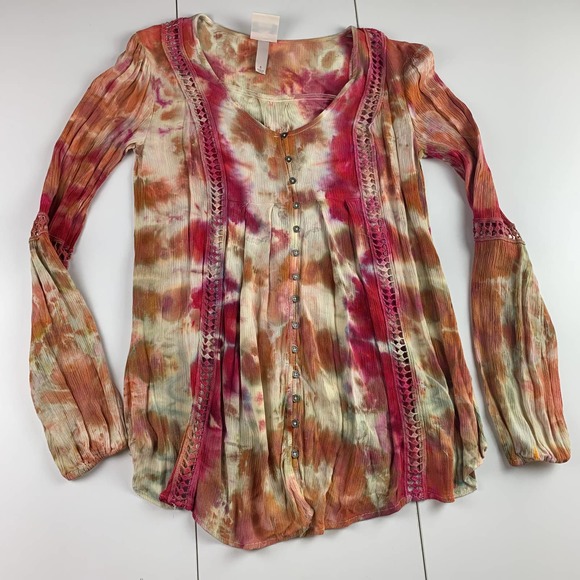 Hand Dyed Knox Rose Long Sleeve Peasant Top Small Tie Dye Pink Orange Flowy - Picture 3 of 8